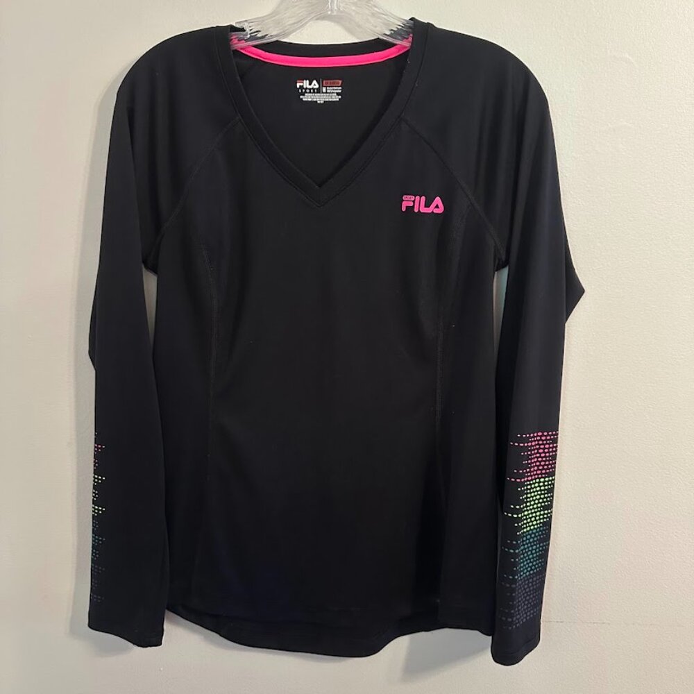 Fila Sport Long Sleeve Black Athletic Top with V-Neck & Sleeve Detailing Medium - Picture 4 of 6